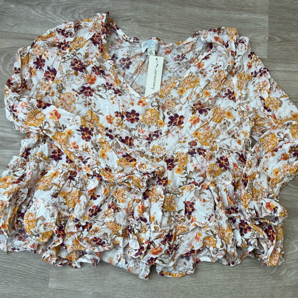 Francesca's Collections Floral Ruffled Blouse - White, Orange, Purple